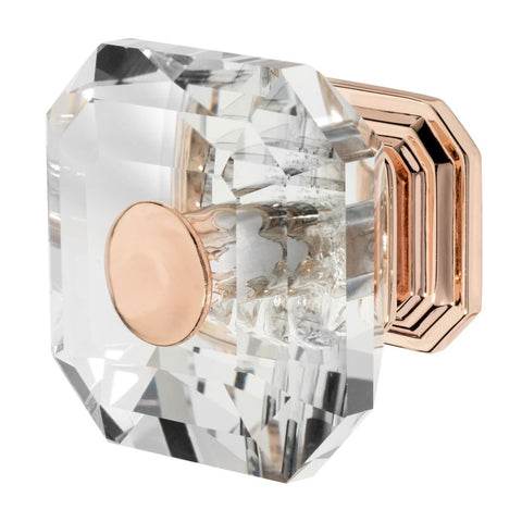 Square cabinet knob with clear glass and rose gold base