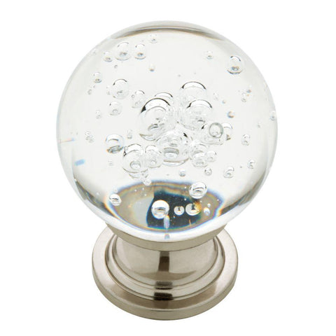 Round ball crystal glass cabinet knob with bubbles and a satin nickel base