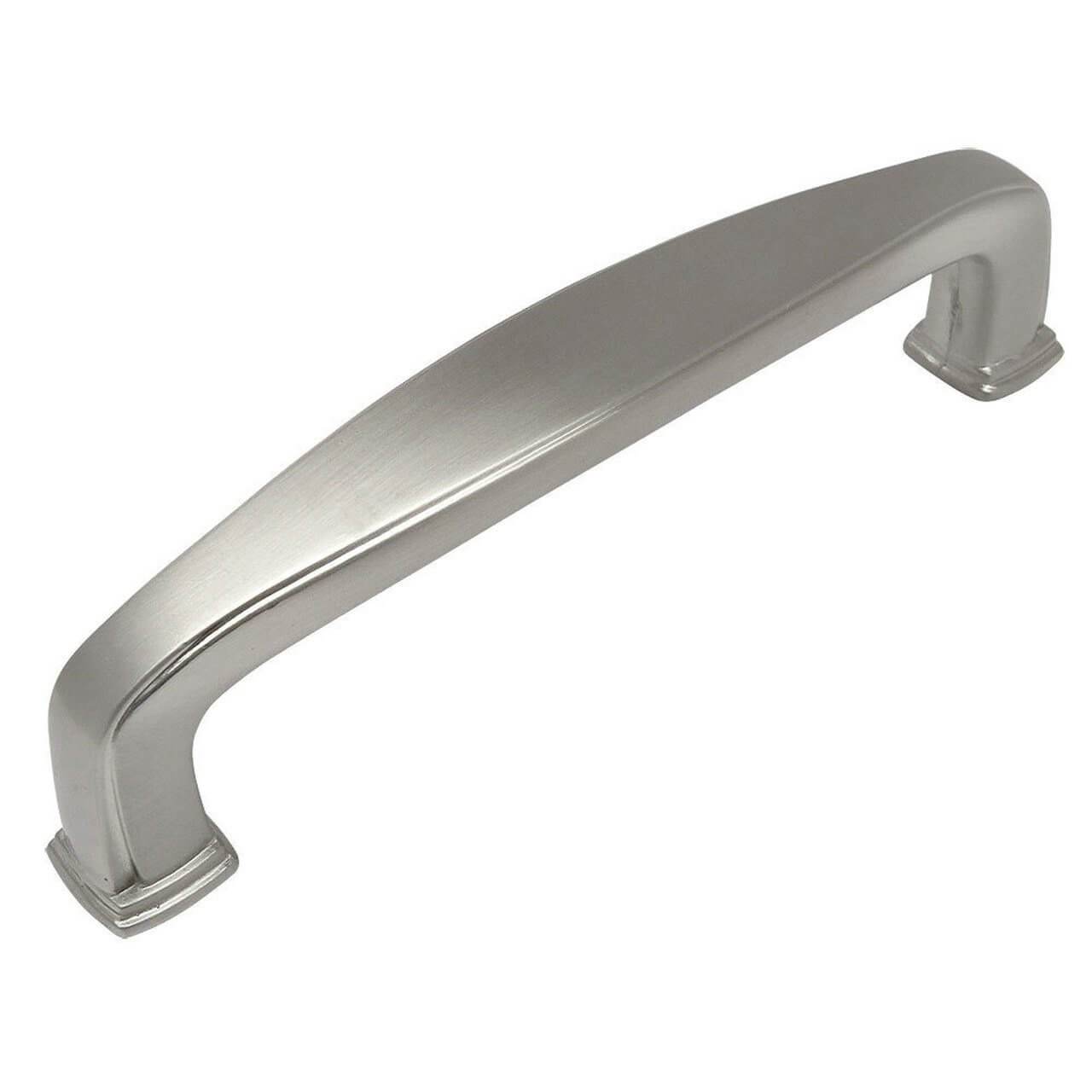Iii and three quarters inch hole spacing cabinet pull in satin nickel stop with a broad shape at the centre