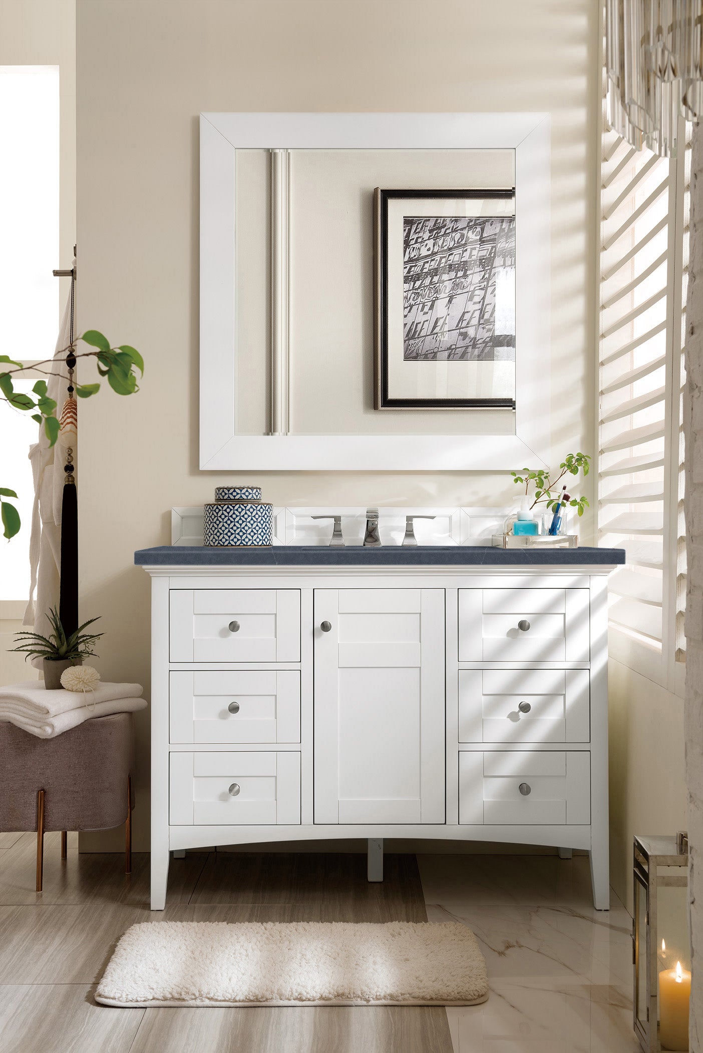 Palisades 48" Single Vanity, Bright White, w/ 3 CM Charcoal Soapstone Quartz Top