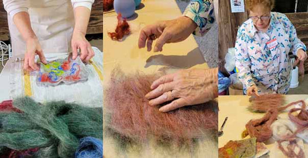 three photos of hands making felt pieces