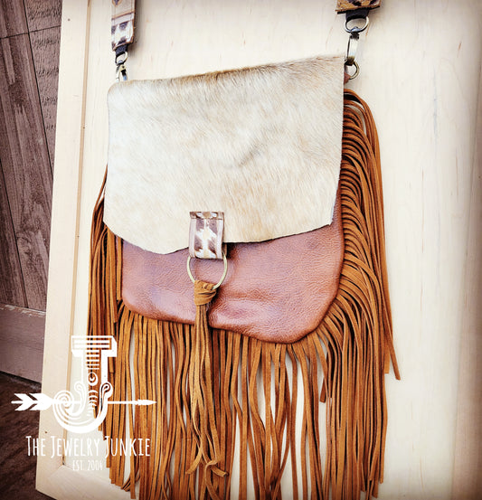 Genuine Leather Bucket Handbag with Braided Tassel Fringe - Brown - 4171