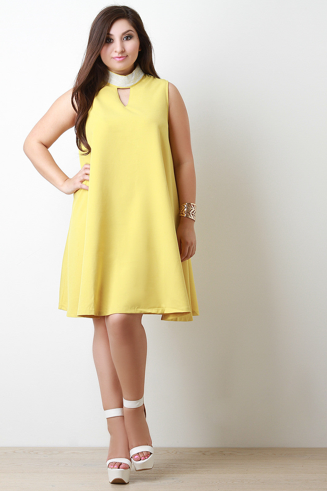 Beaded Mock Neck Trapeze Dress - bvstore-11445