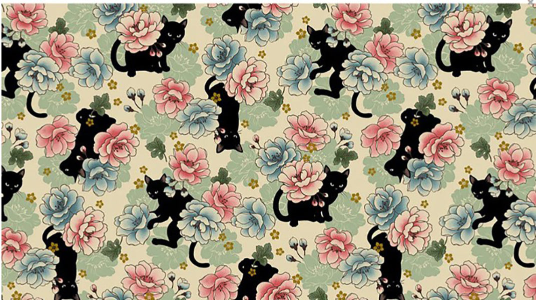 quilt-gate-neko-black-cat-peonies-hr3110-11a-cream-shibori-dragon