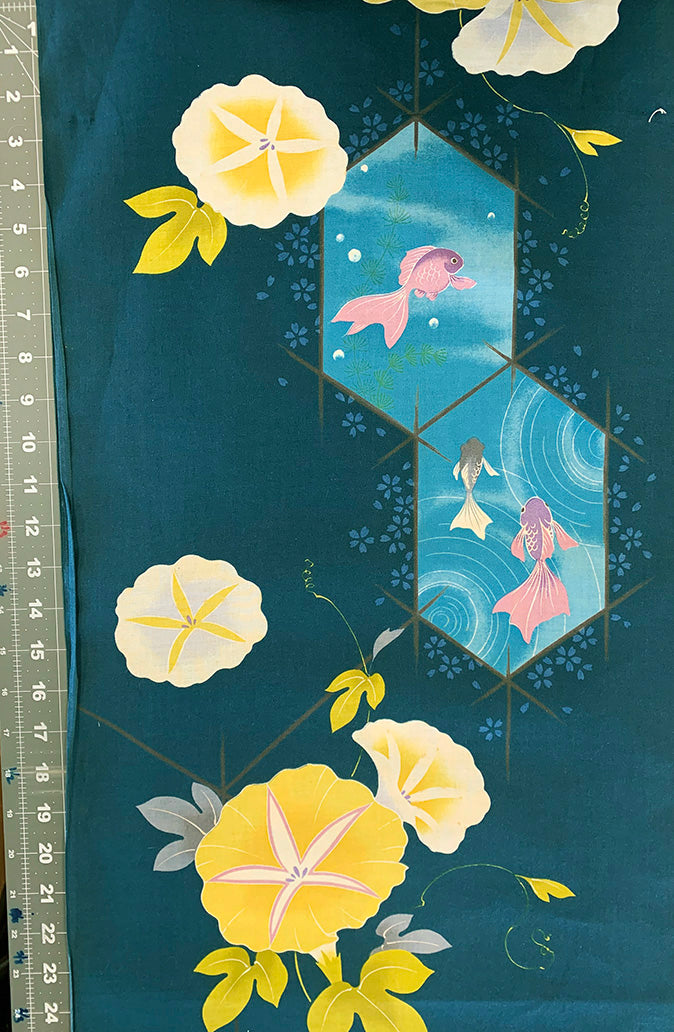 Yukata Fabric - 527 - Goldfish & Morning Glories - Prussian Blue ...