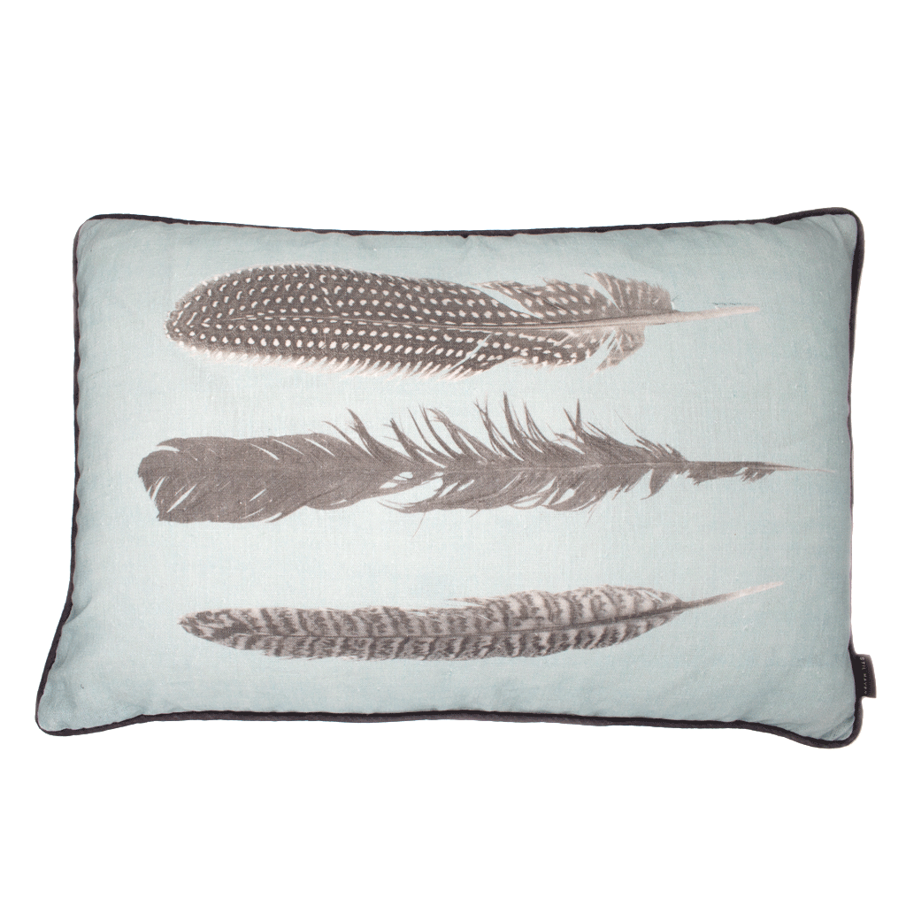 Feather Cushion, Powder Blue Cushion, Feather Print, Linen Cushions