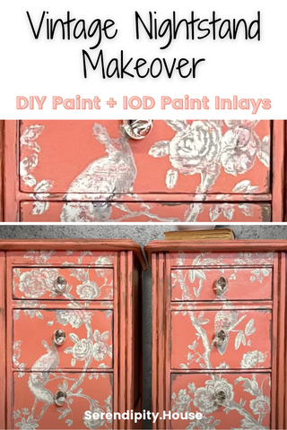 Close up of vintage nightstand makeover with DIY Paint and IOD Paint Inlay