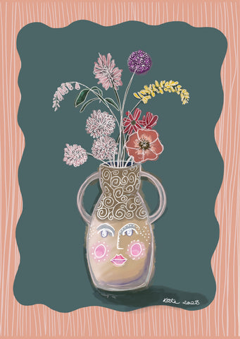Face Vase Flower Illustration in muted tones by Moozle