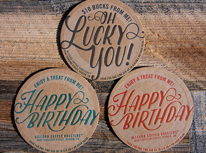 Letterpress Coasters die cut allegro coffee company