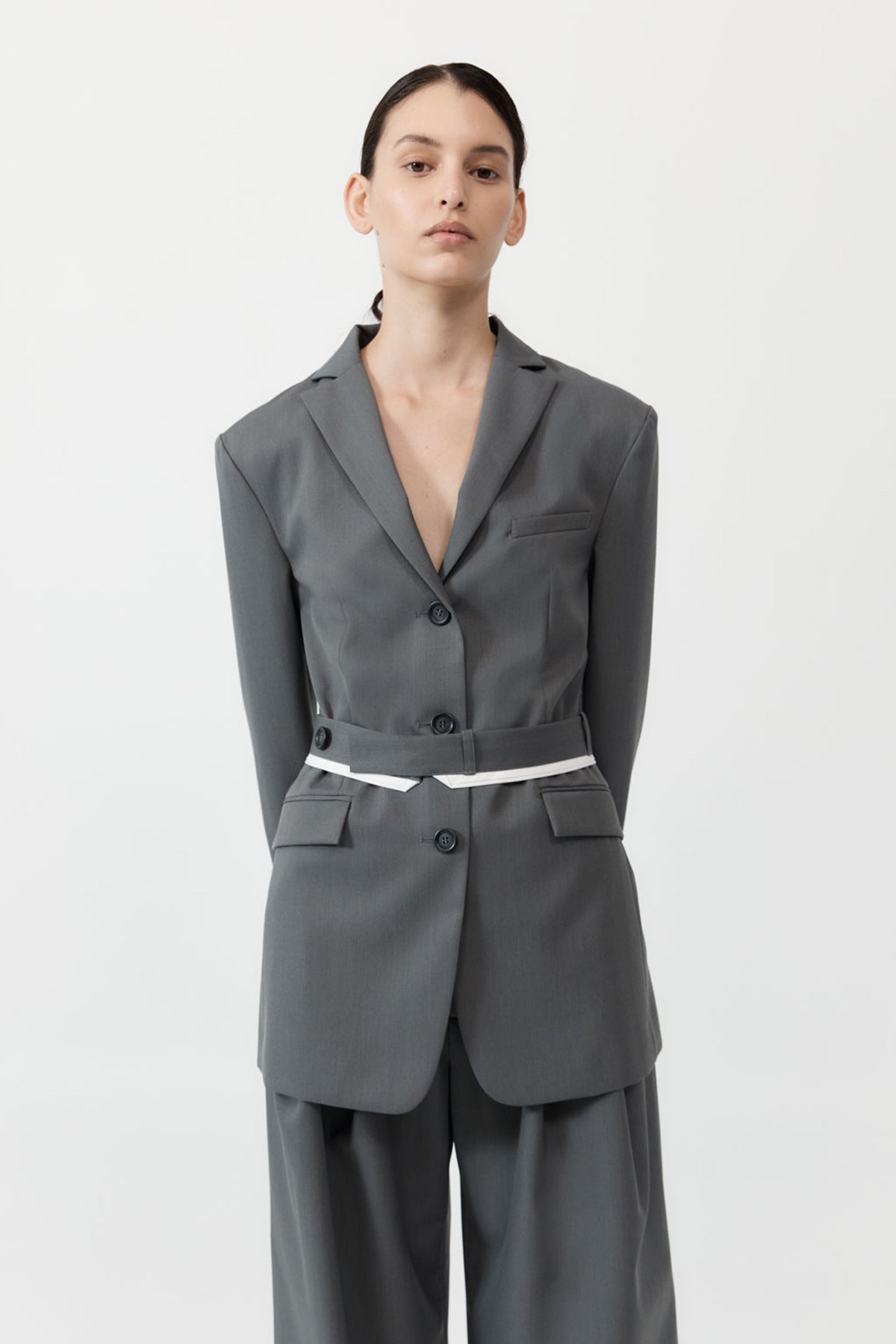 St Agni Homme Belted Blazer In Pewter Grey