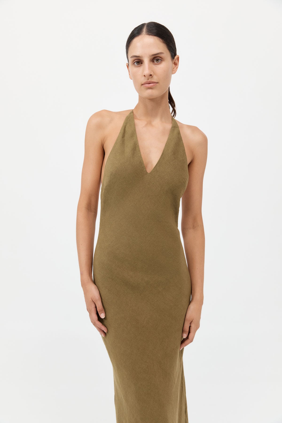 St Agni Linen Bias Halter Dress In Olive