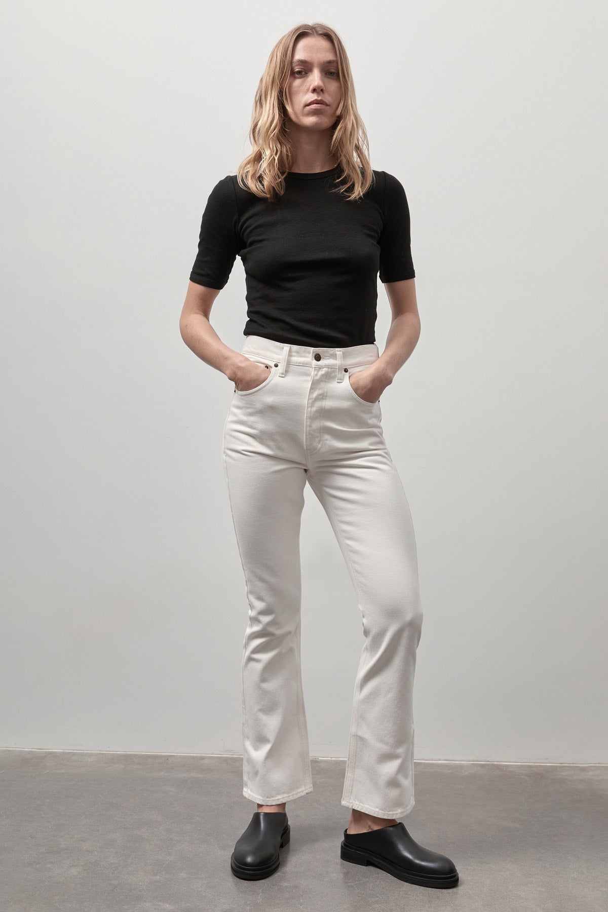 St. Agni | High Waist Crop Flare Jeans in Off White