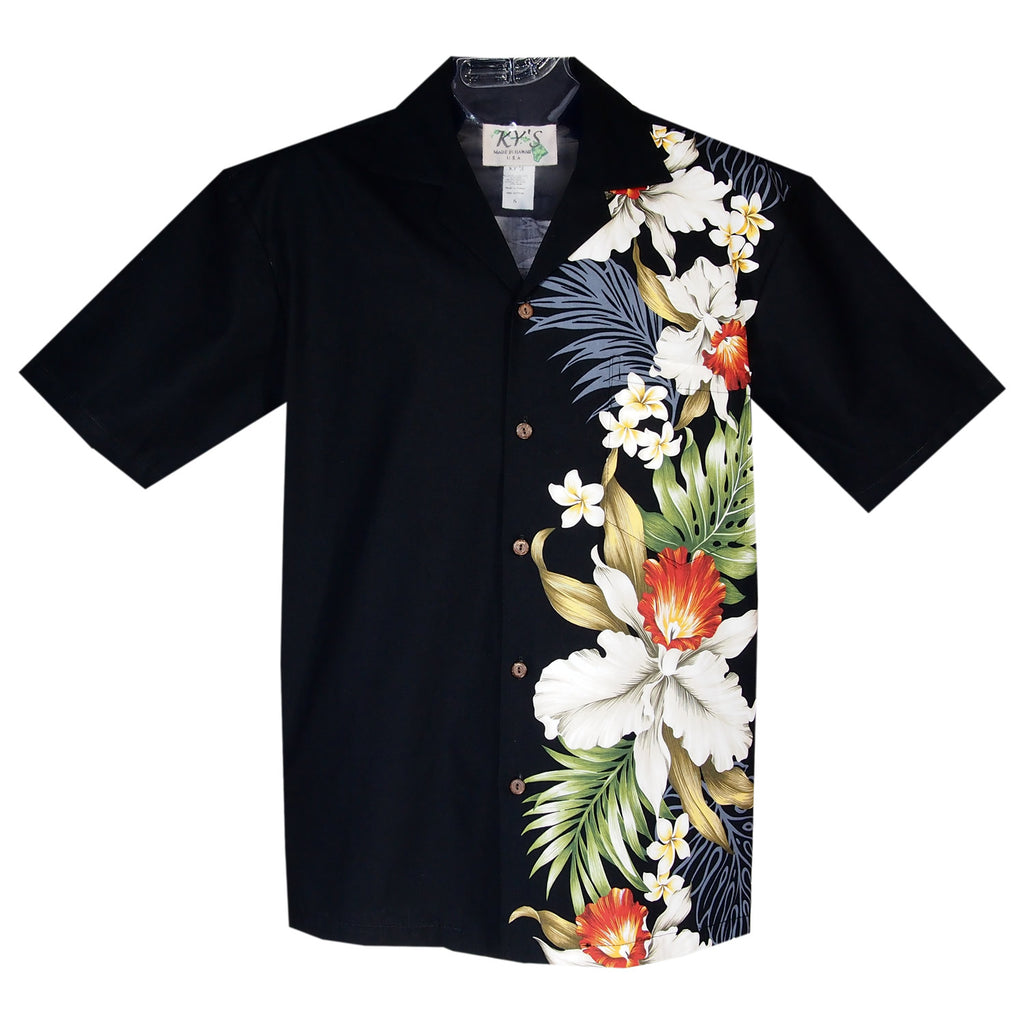 Orchid Plumeria Black Vertical Border Hawaiian Shirt – PapayaSun