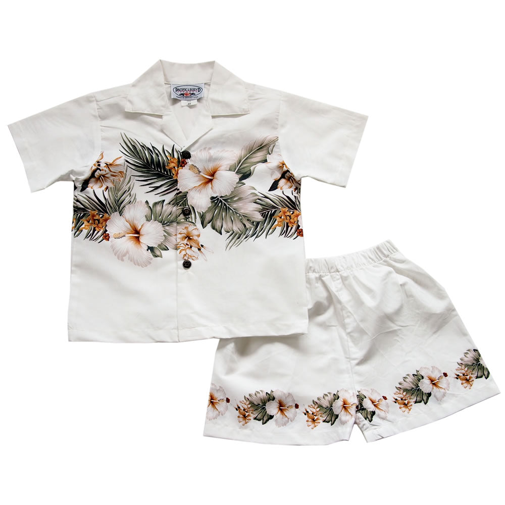 Hibiscus White Hawaiian Boy Shirt & Shorts Set