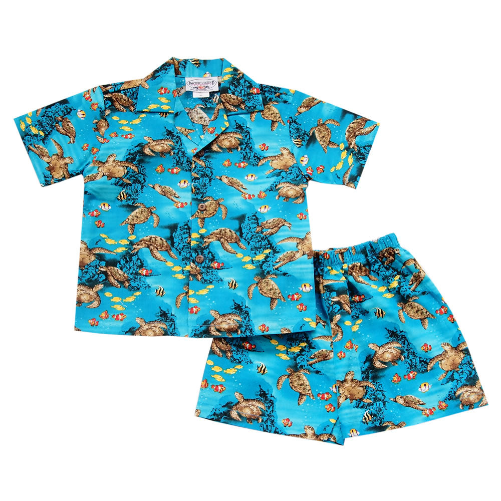 Sea Turtle Teal Hawaiian Boy Shirt & Shorts Set