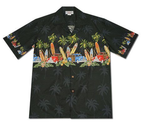 Surfz Up Black Hawaiian Border Aloha Sport Shirt – PapayaSun