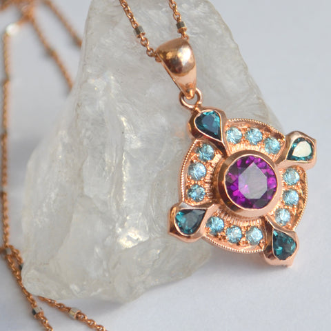 pendant with zircon, color change garnet, purple garnet