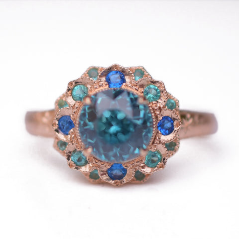 18K Rose Gold Emerald hauyne flower ring