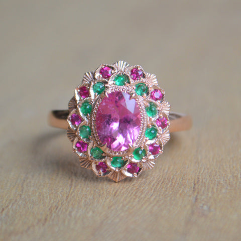 Pink Sapphire and Emerald Ring (Camellia Ring)