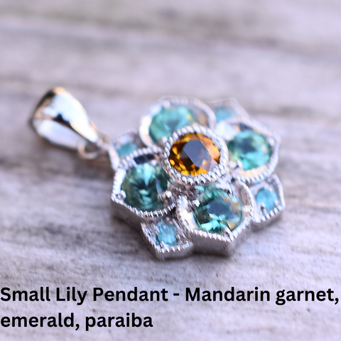 Lily pendant, mandarin garnet, paraiba, emerald