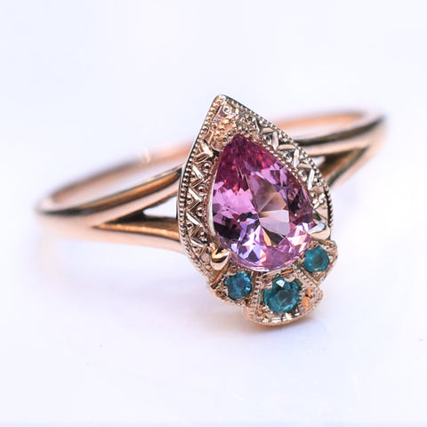 14 Kt Peach Gold Spinel and Paraiba Ring