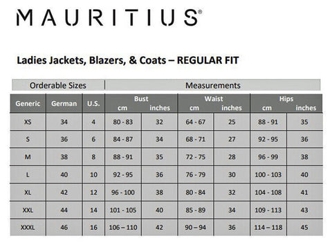 Mauritius Jacket Size Guide