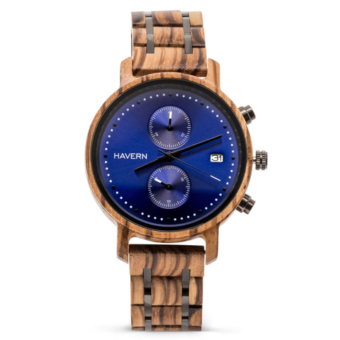 zebrawood watch with blue dial 