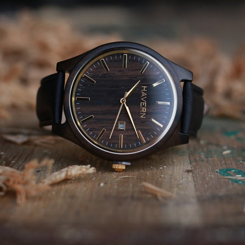 the benson ebony wood watch on a whiskey barrel