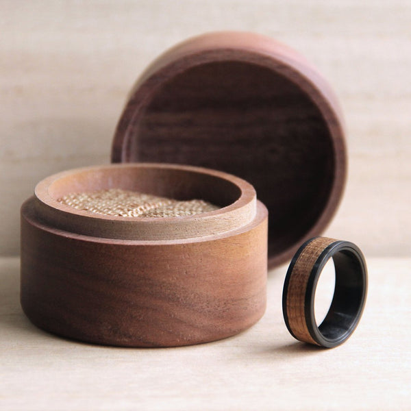 Whiskey Barrel White + Oak Ring with Wooden Case on Table