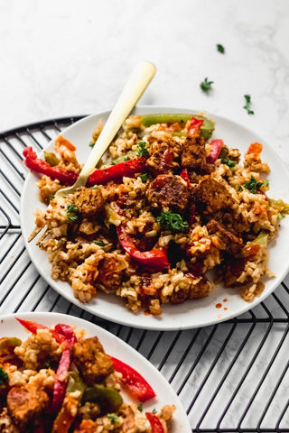 veggie skillet recipe - cajun tempeh and wild rice