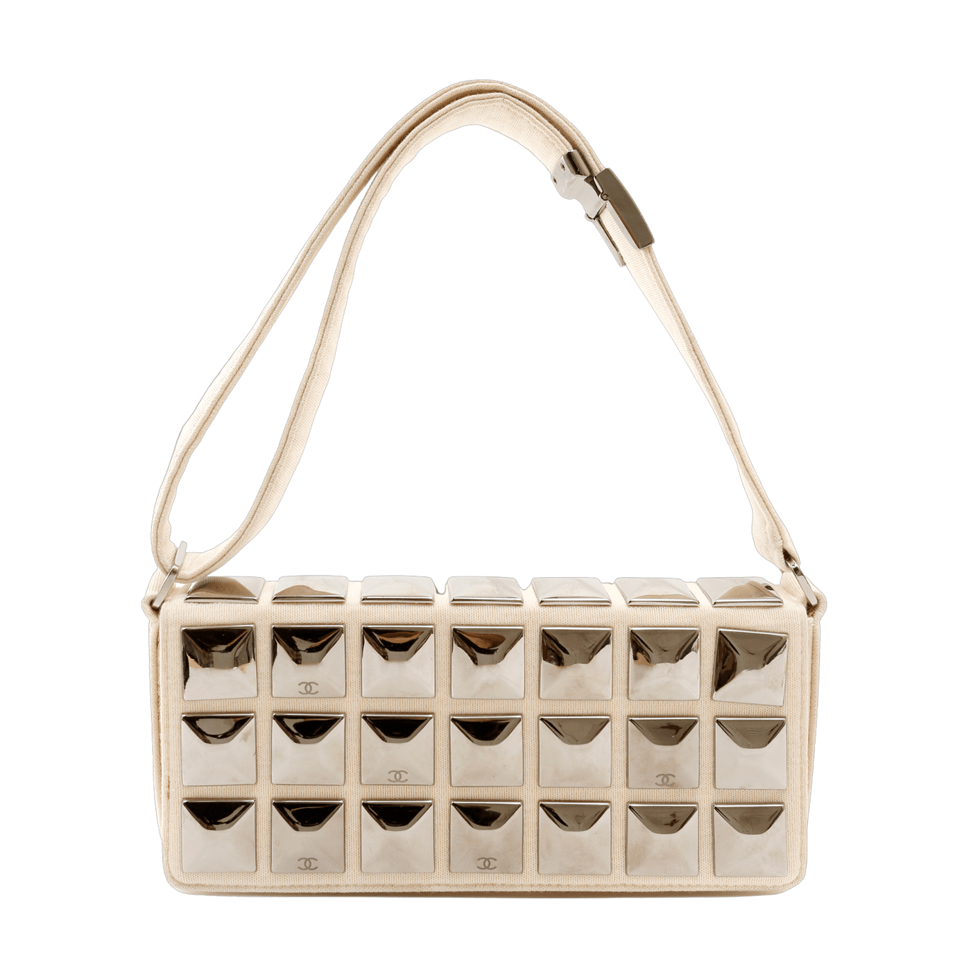 Chanel Ivory Jersey Evening Bag with Mirrored Pyramid Studs - Only Authentics