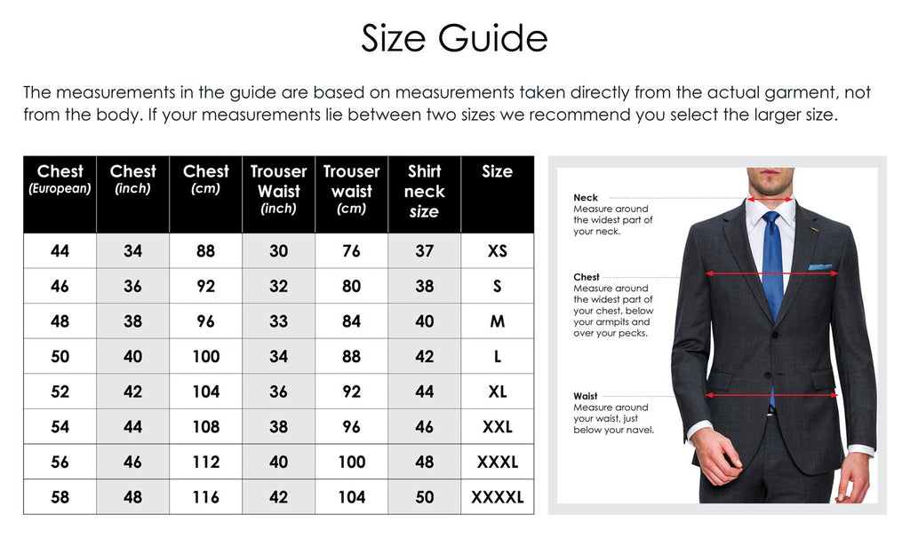 joe black menswear suits and trousers size chart