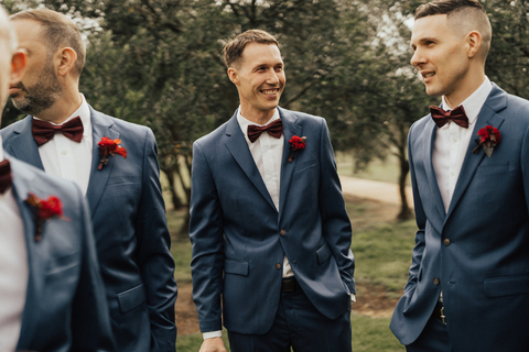 groomsmen wear semi formal blue suits