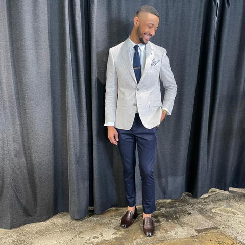 mens grey sports jacket and navy chino pants