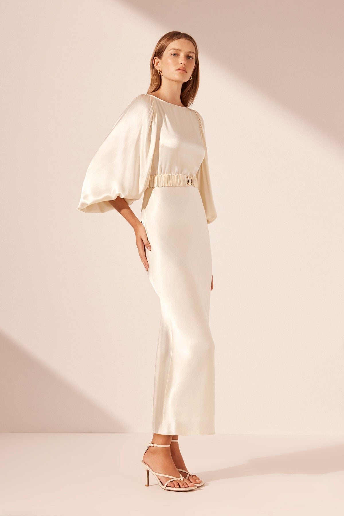 LA LUNE BALLOON SLEEVE MIDI DRESS WITH BELT - CREAM