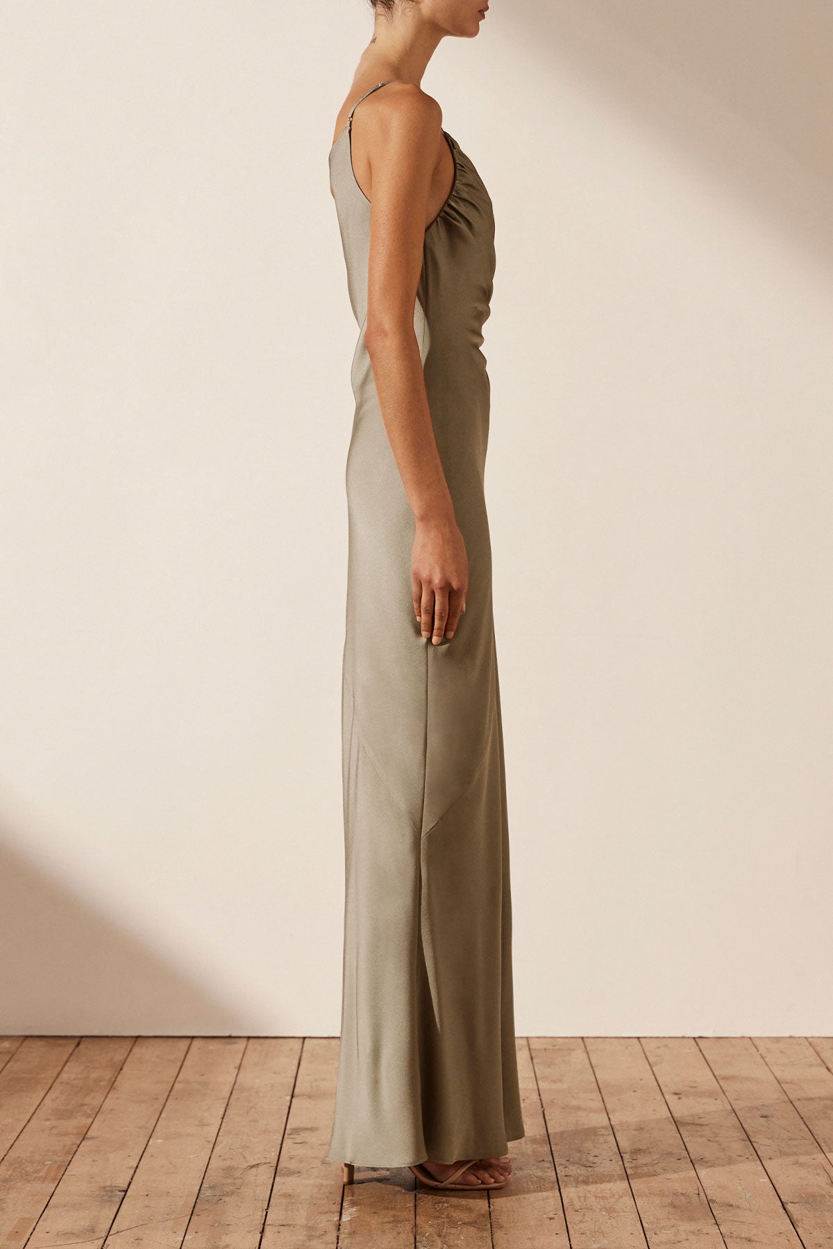 LUXE ASYMMETRICAL GATHERED MAXI DRESS - EUCALYPTUS