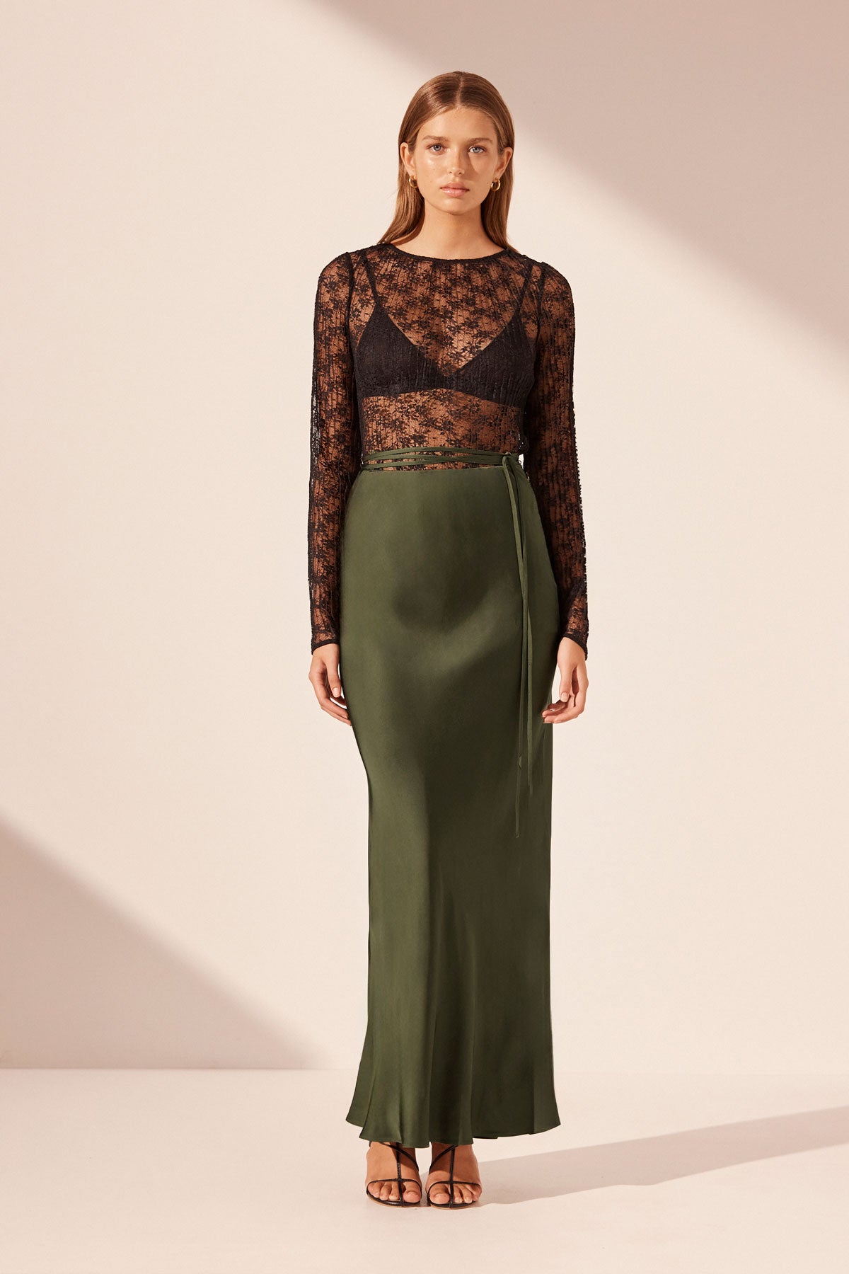 SHAE BIAS TIE MAXI SKIRT - PINE GREEN