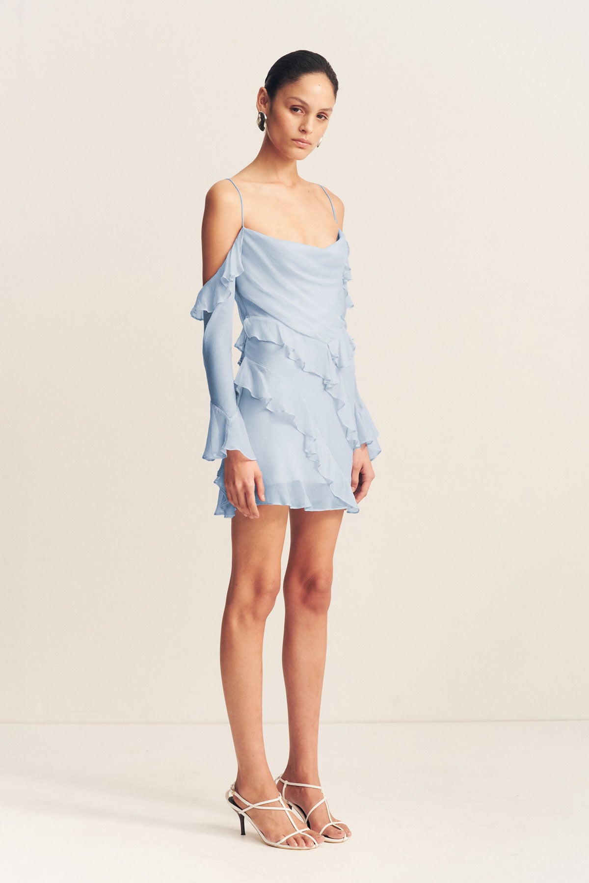 LAYLA LONG SLEEVE RUFFLE MINI DRESS - SKY