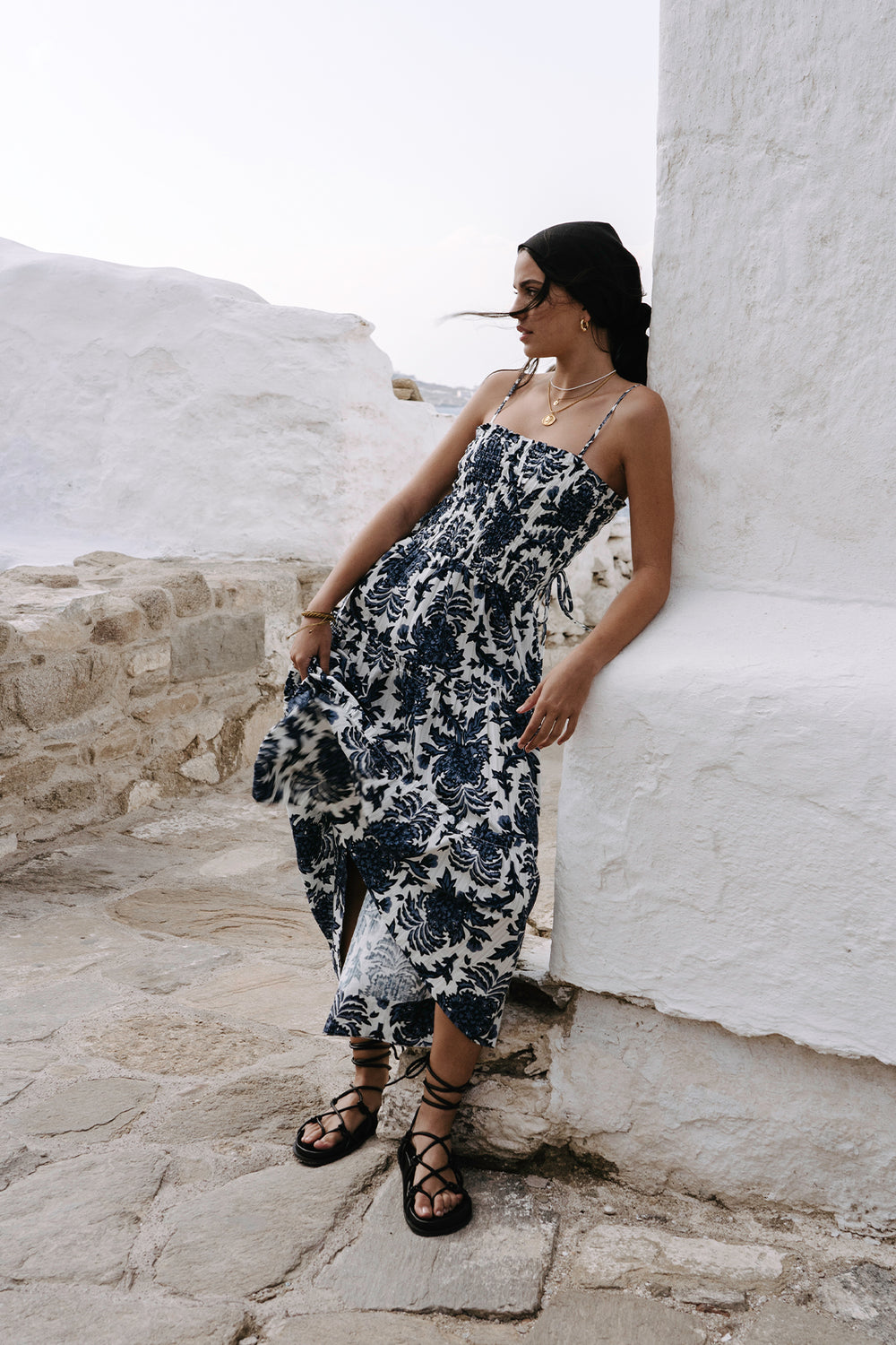 Diana Shirred Tiered Midi Dress | Indigo/Ivory | Dresses | Shona Joy