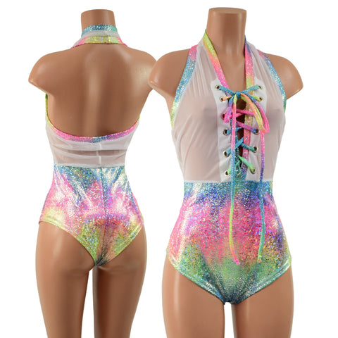 Womens Monokini Swimwear Rainbow Leotard Bodysuit Sheer Mesh One