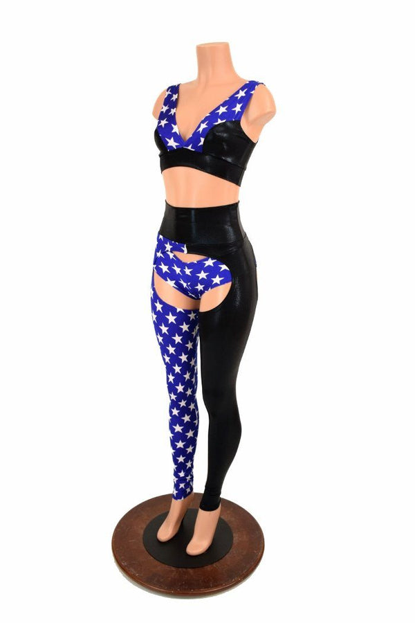 3PC Black & Blue and White Star Chaps Set - Coquetry Clothing