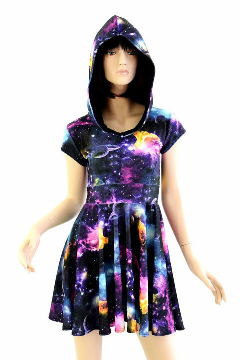 Pocket Hoodie Skater Dress in UV Glow Galaxy Print W/black Zen 