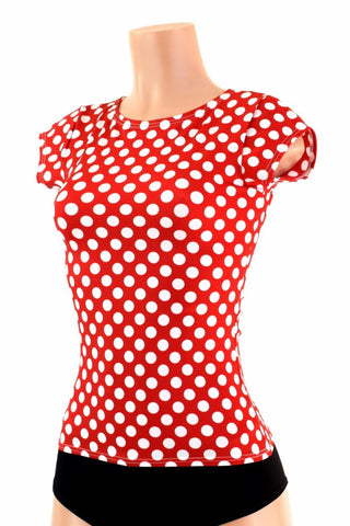 red and white polka dot top