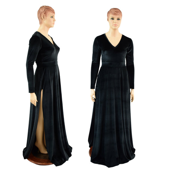 Black Velvet Fiona Gown with Side Slit - Coquetry Clothing