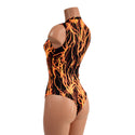 Neon Orange Lightning Plunging V Neck Romper with Brazilian Cut Leg - Coquetry Clothing