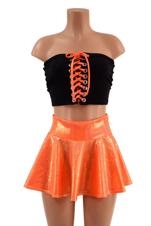 orange skirt and black top