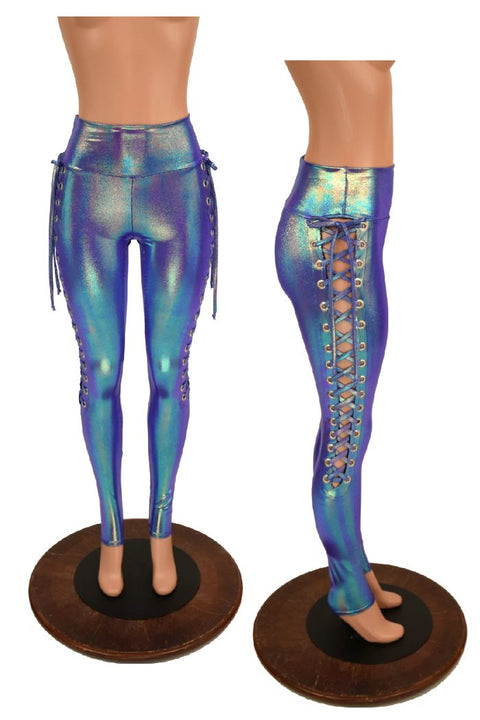 High Waist Smooth Black Spandex Leggings With Prism Holographic