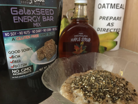 GalaxSEED Oatmeal alongside GalaxSEED ENERGY BAR mix alongside natural Michigan Maple Syrup