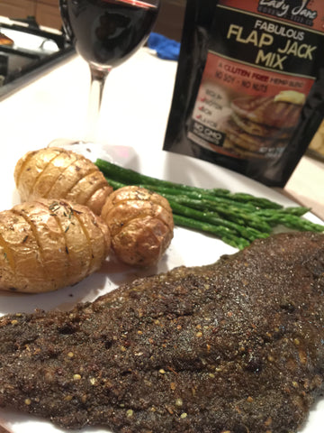 Pan Fried Catfish with asparagus, potatoes, and Lady Lanes Flap Jack Mix