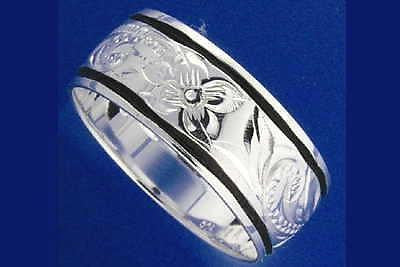 8MM SILVER 925 RING PLUMERIA SCROLL BLACK ENAMEL BORDER – The